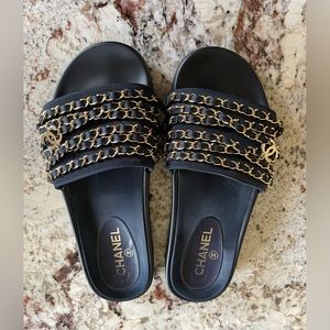 Chanel Chain Slides / Sandals - Navy Blue & Gold - Size 39 / US 8